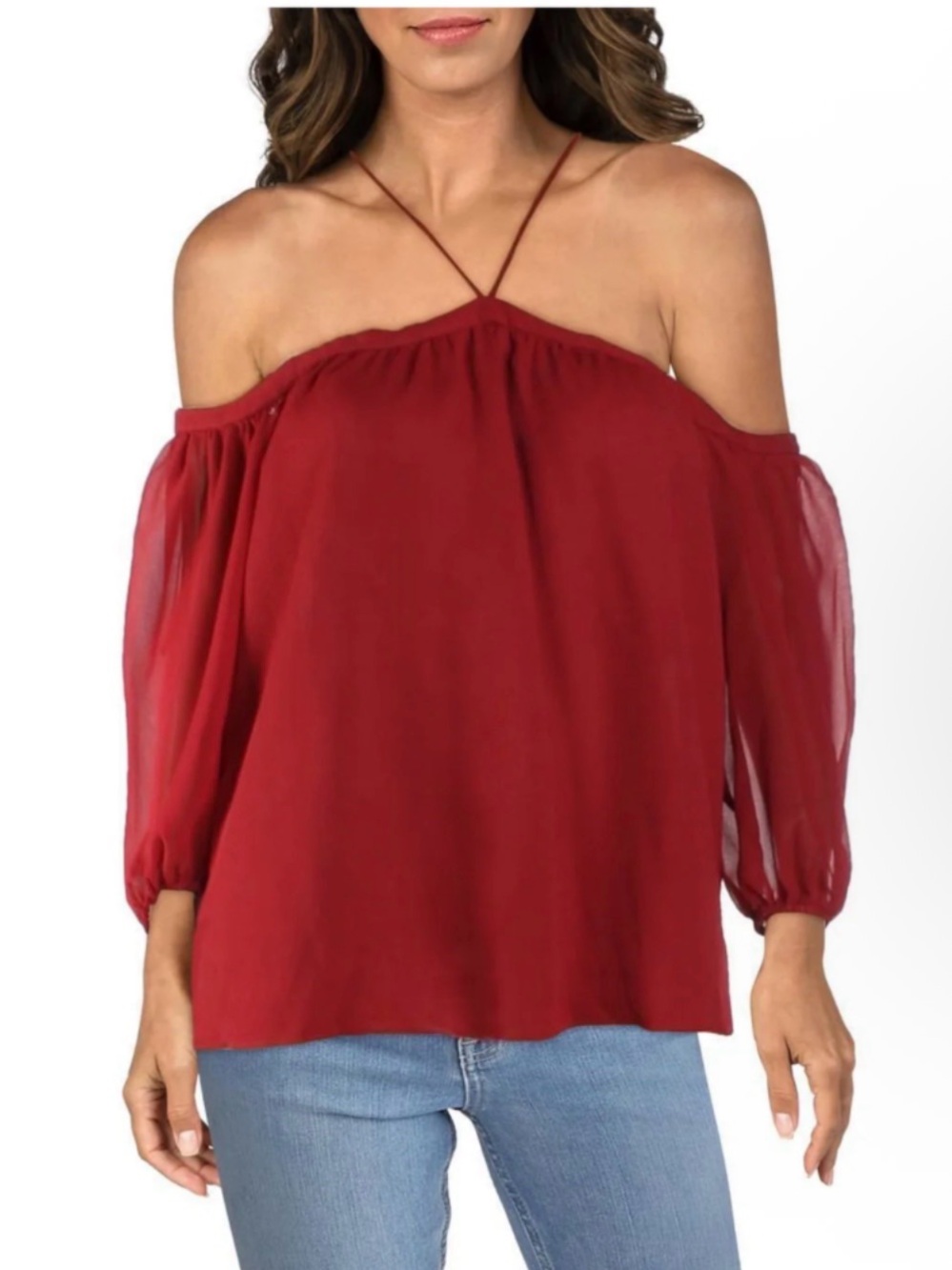 NWT 1. State Off-Shoulder Halter Strap Blouse in Deep Red